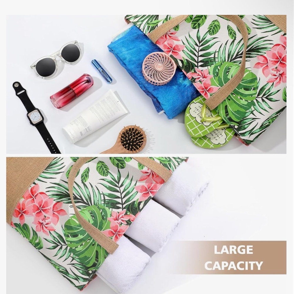 Beach Bag for Women, Large Beach Tote with Zipper, Woven Straw Tote Waterproof, - Picture 4 of 8